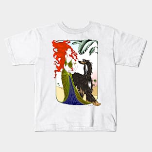 AFGHAN HOUND. Black & Tan Afghan with red headed goddess. Kids T-Shirt